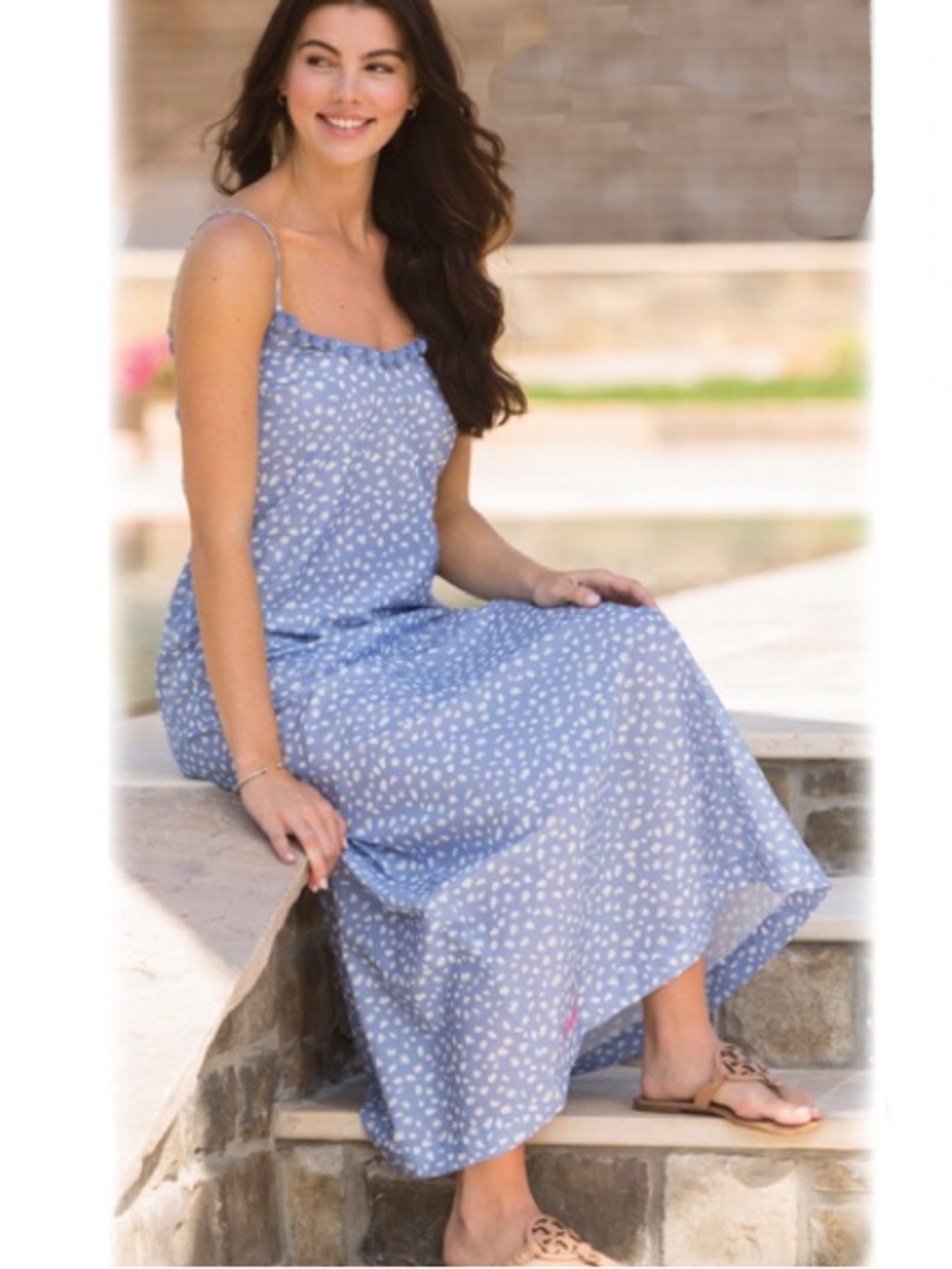 Simply Southern Blue Polka Dot Pom Trim Maxi Dress – Coastal Sundress Size S